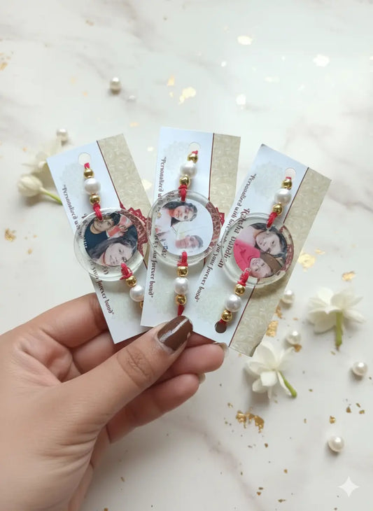 Personalized Photo Resin Rakhi | Custom Picture Rakhi for Brothers | Unique Raksha Bandhan Gift | Handmade Custom Rakhi with Photos, Pearls & Gold Beads