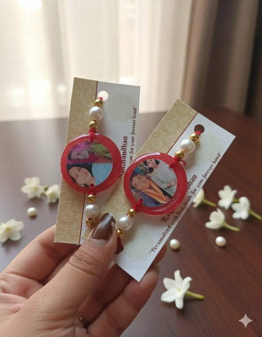 Personalized Photo Resin Rakhi | Custom Picture Rakhi for Brothers | Unique Raksha Bandhan Gift | Handmade Custom Rakhi with Photos, Pearls & Gold Beads